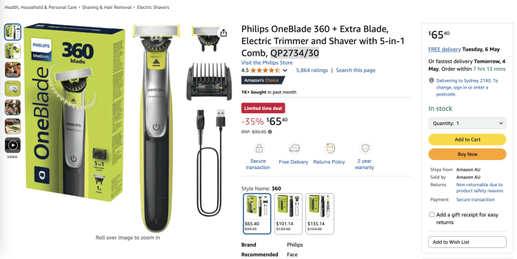 Amazon: Philips OneBlade 360 + Extra Blade (QP2734/30) – 35% Off, now $65.40